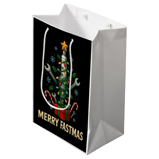 Merry Fastmas Spark Plug Christmas Tree Mechanic  Medium Gift Bag (Front Angled)