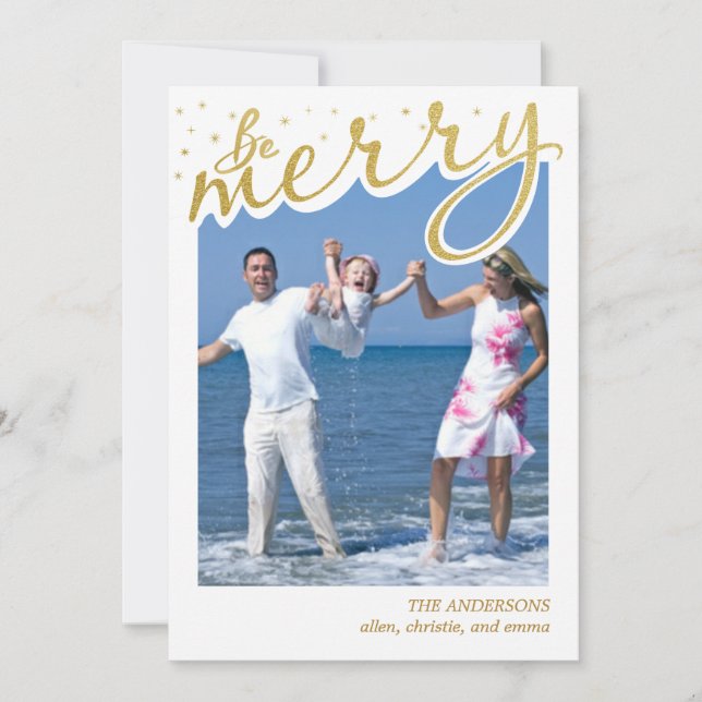 Merry Faux Gold Foil Retro Script Christmas Photo Holiday Card (Front)