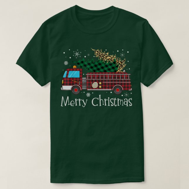 Merry Firefighter Christmas Tree Fire Truck Buffal T-Shirt (Design Front)