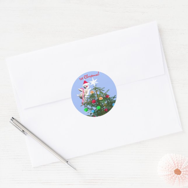 Merry First Christmas Baby Bird Classic Round Sticker (Envelope)