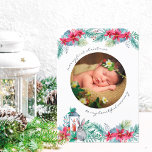 Merry First Christmas Holly Mistletoe Baby Photo Holiday Card<br><div class="desc">First Christmas photo holiday card with watercolor christmas flowers and winter greenery with cute rabbit and cosy candle-lit lantern. The photo template is set up for you to add your picture (square instagram will work perfectly), which will be automatically be displayed in round format. The wording is lettered in casual...</div>