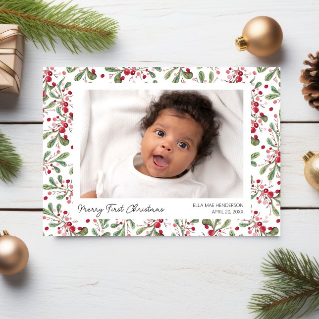 Merry First Christmas Photos, Berries & Greenery Holiday Card (Creator Uploaded)