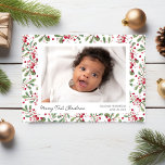 Merry First Christmas Photos, Berries & Greenery Holiday Postcard<br><div class="desc">This sweet and classic holiday postcard highlights your newborn's first Christmas with a photo set against a festive watercolor berry and greenery background. Customise the front and back text for a truly one of a kind holiday card (there's space on the back for a short note). A perfect keepsake for...</div>