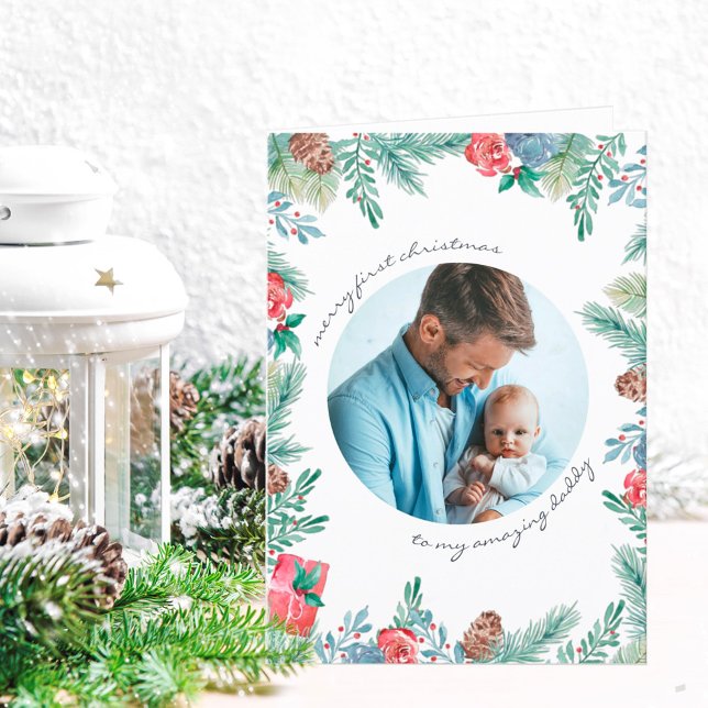 Merry First Christmas Pine Cones Baby Photo Holiday Card (Creator Uploaded)