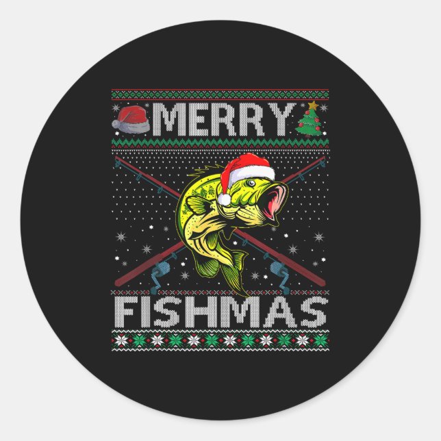 Merry Fishmas B Fish Fishing Christmas Ugly Sweate Classic Round Sticker (Front)