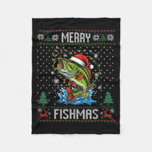 Merry Fishmas B Fish Fishing Christmas Ugly Sweate Fleece Blanket