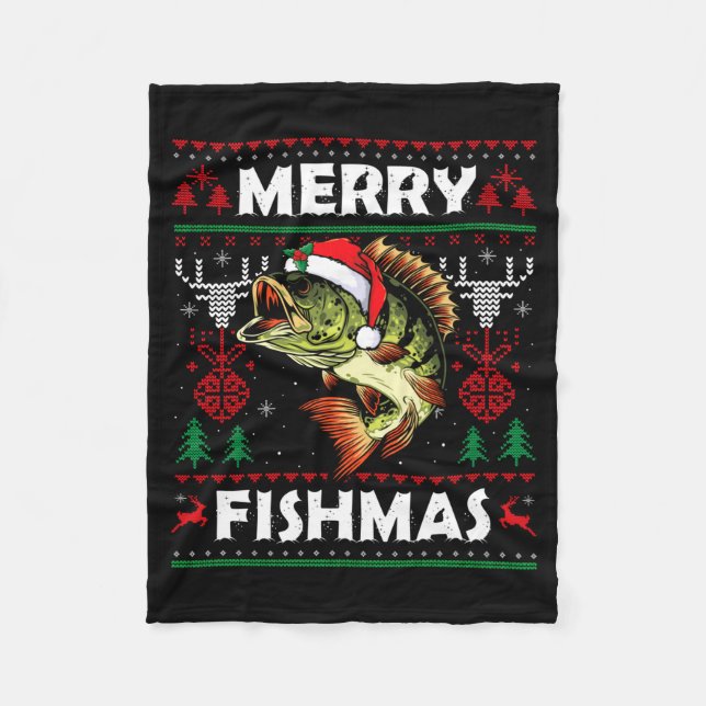 Merry Fishmas B Fish Fishing Christmas Ugly Sweate Fleece Blanket (Front)