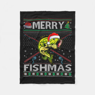Merry Fishmas B Fish Fishing Christmas Ugly Sweate Fleece Blanket