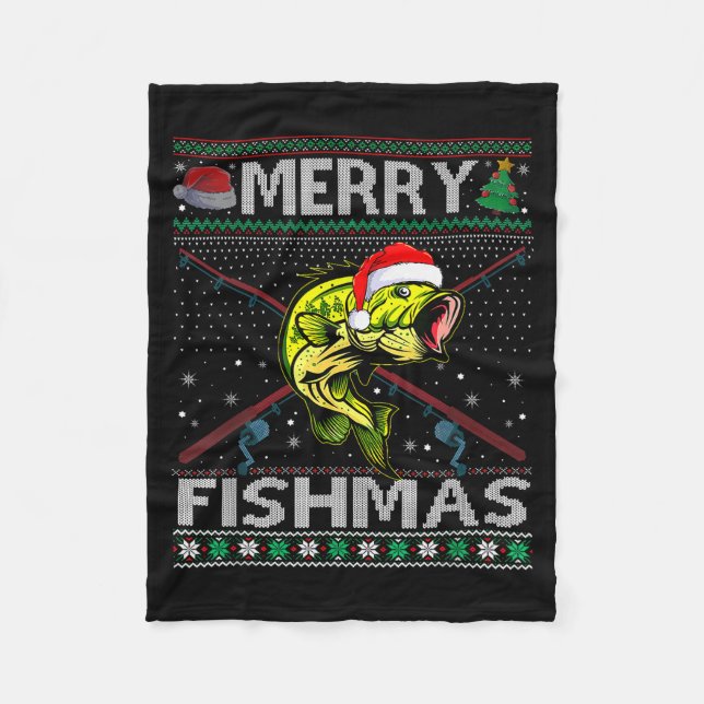 Merry Fishmas B Fish Fishing Christmas Ugly Sweate Fleece Blanket (Front)