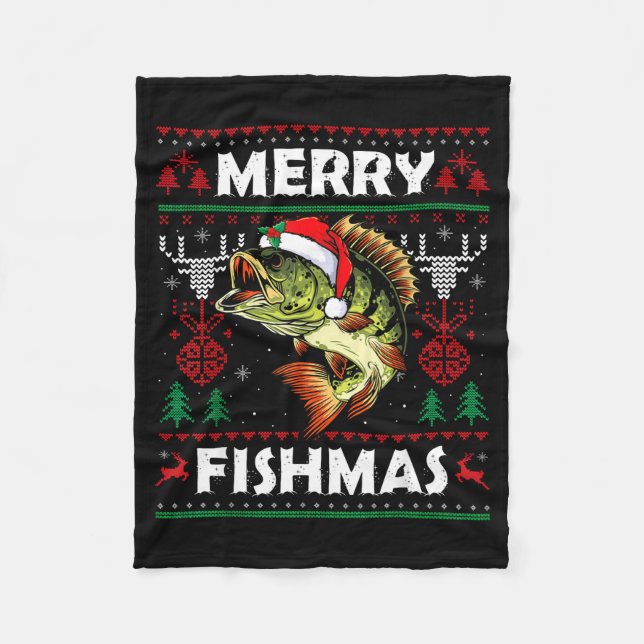 Merry Fishmas B Fish Fishing Christmas Ugly Sweate Fleece Blanket (Front)