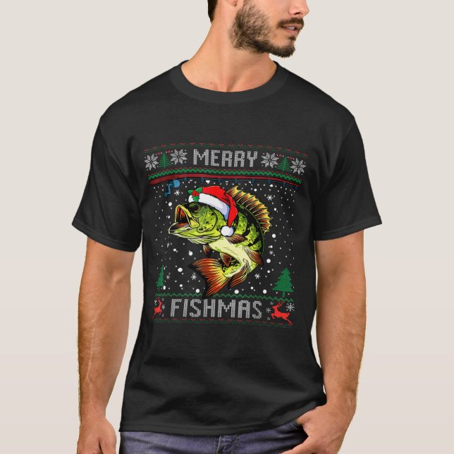 Merry Fishmas B Fish Fishing Christmas Ugly Sweate T-Shirt (Front)