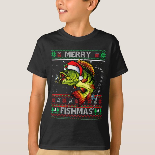 Merry Fishmas B Fish Fishing Christmas Ugly Xmas  T-Shirt (Front)