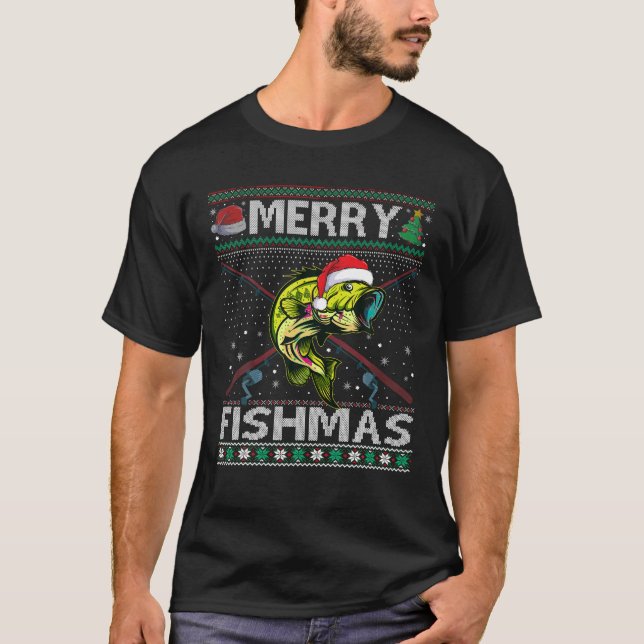 Merry Fishmas Bass Fish Fishing Christmas Ugly Swe T-Shirt (Front)