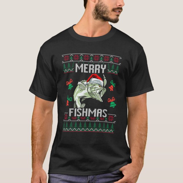Merry Fishmas Bass Fish Fishing Christmas Ugly Xma T-Shirt (Front)
