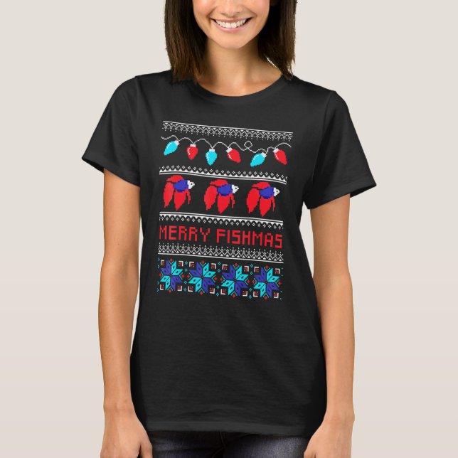Merry Fishmas Betta Fish Ugly Xmas T-Shirt (Front)