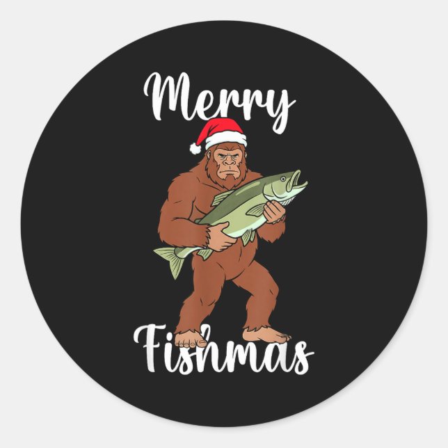 Merry Fishmas Bigfoot Fishing Funny Sasquatch Sant Classic Round Sticker (Front)