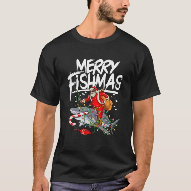 Merry Fishmas Christmas Funny Santa Fishing Shark T-Shirt (Front)