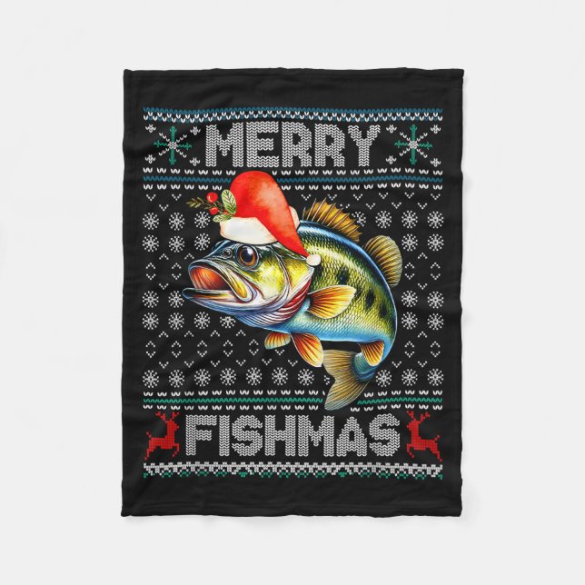 Merry Fishmas Christmas Holiday Santa Fishing Xmas Fleece Blanket (Front)