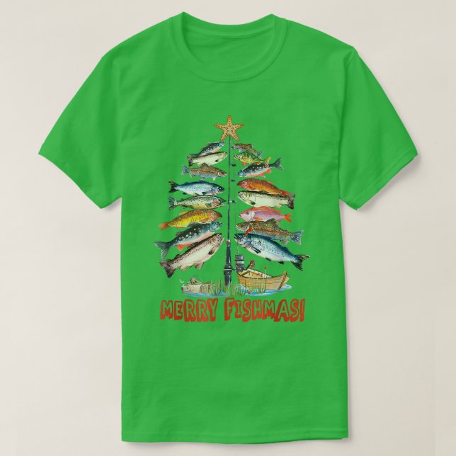 Merry Fishmas Christmas Tree Fish Funny Fishing  T-Shirt (Design Front)