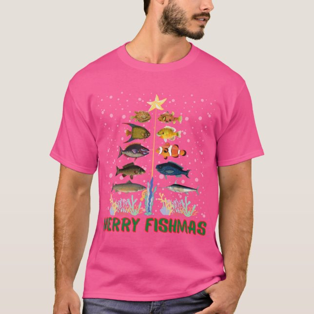 Merry Fishmas Christmas Tree Funny T-Shirt (Front)