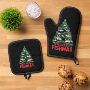 Merry Fishmas Christmas Tree Lights Fish Fishing  Oven Mitt & Pot Holder Set