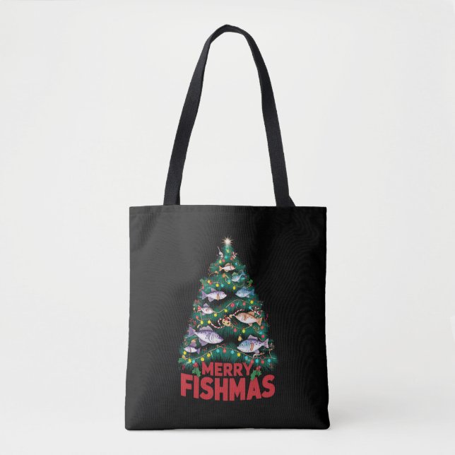 Merry Fishmas Christmas Tree Lights Fish Fishing  Tote Bag (Front)