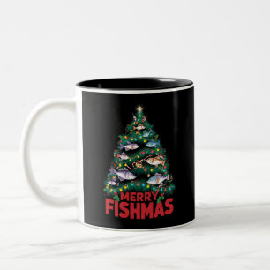 Merry Fishmas Christmas Tree Lights Fish Fishing Two-Tone Coffee Mug