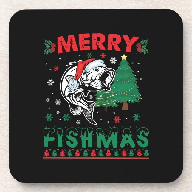 Merry Fishmas Fish Fishing Dad Fisherman Christmas Coaster (Front)
