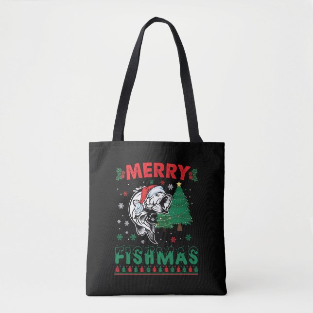 Merry Fishmas Fish Fishing Dad Fisherman Christmas Tote Bag (Front)
