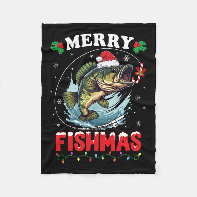Merry Fishmas Fish Funny Fishing Christmas Dad Men Fleece Blanket (Front)