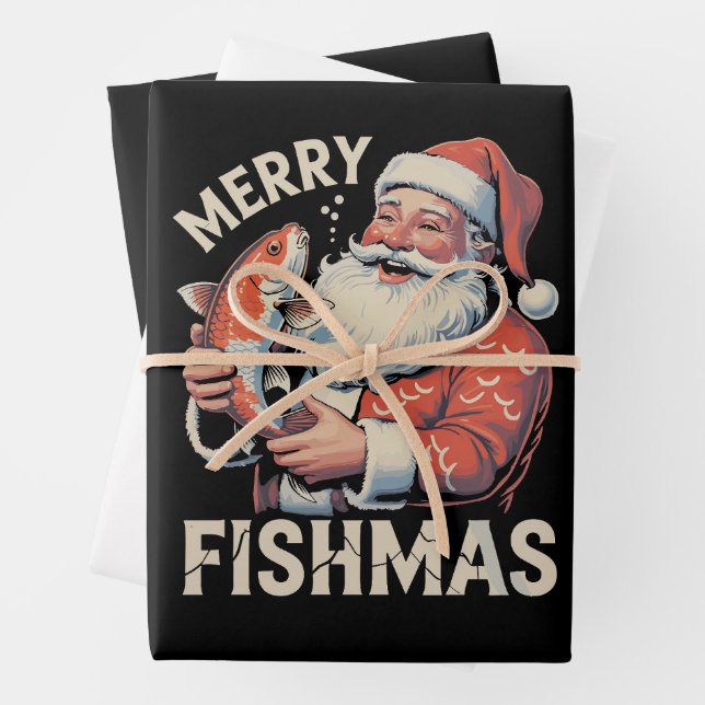 Merry Fishmas Funny Christmas Santa Claus Fishing  Wrapping Paper Sheet (In situ)