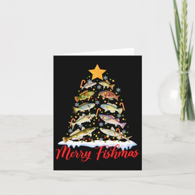 Merry Fishmas Funny Christmas Tree Lights Fish Fis Card (Front)