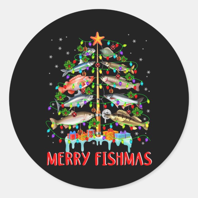 Merry Fishmas Funny Christmas Tree Lights Fish Fis Classic Round Sticker (Front)