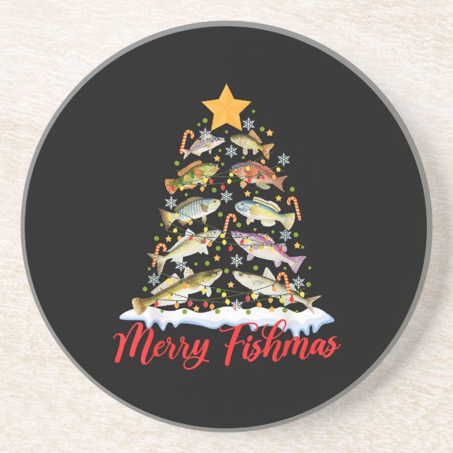 Merry Fishmas Funny Christmas Tree Lights Fish Fis Coaster (Front)