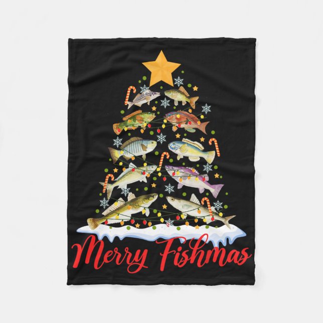 Merry Fishmas Funny Christmas Tree Lights Fish Fis Fleece Blanket (Front)