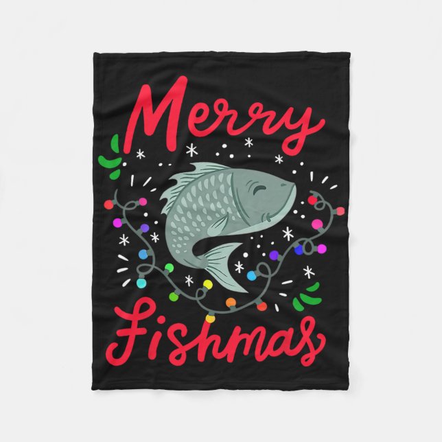 Merry Fishmas Funny Christmas Tree Lights Fish Fis Fleece Blanket (Front)