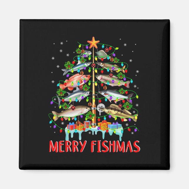 Merry Fishmas Funny Christmas Tree Lights Fish Fis Magnet (Front)