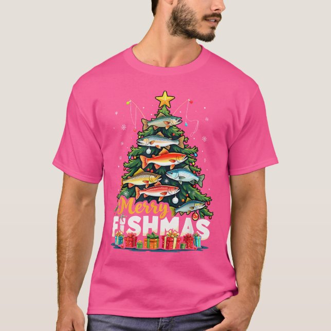 Merry Fishmas Funny Christmas Tree Lights Fish Fis T-Shirt (Front)