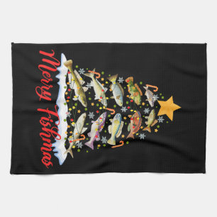 Merry Fishmas Funny Christmas Tree Lights Fish Fis Tea Towel