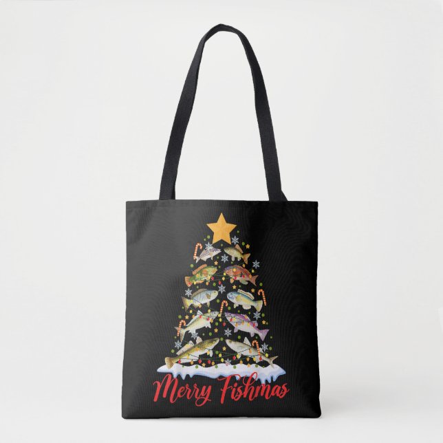 Merry Fishmas Funny Christmas Tree Lights Fish Fis Tote Bag (Front)