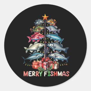 Merry Fishmas Funny Christmas Tree Lights Fishing Classic Round Sticker