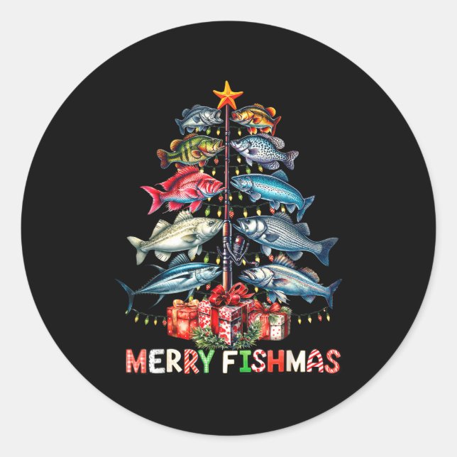 Merry Fishmas Funny Christmas Tree Lights Fishing  Classic Round Sticker (Front)
