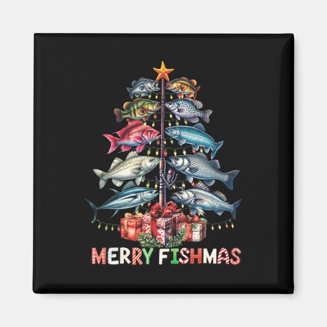 Merry Fishmas Funny Christmas Tree Lights Fishing  Magnet (Front)