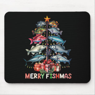 Merry Fishmas Funny Christmas Tree Lights Fishing Mouse Pad