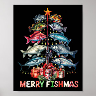 Merry Fishmas Funny Christmas Tree Lights Fishing Poster