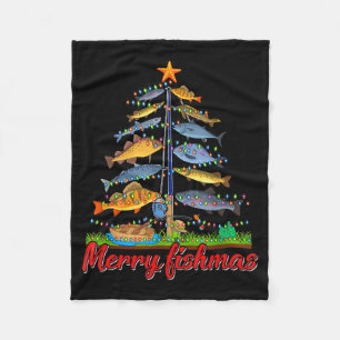 Merry Fishmas Funny Fisher Christmas Tree Fishing Fleece Blanket