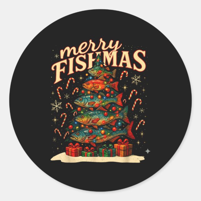 Merry Fishmas Funny Fishing Christmas Design  Classic Round Sticker (Front)