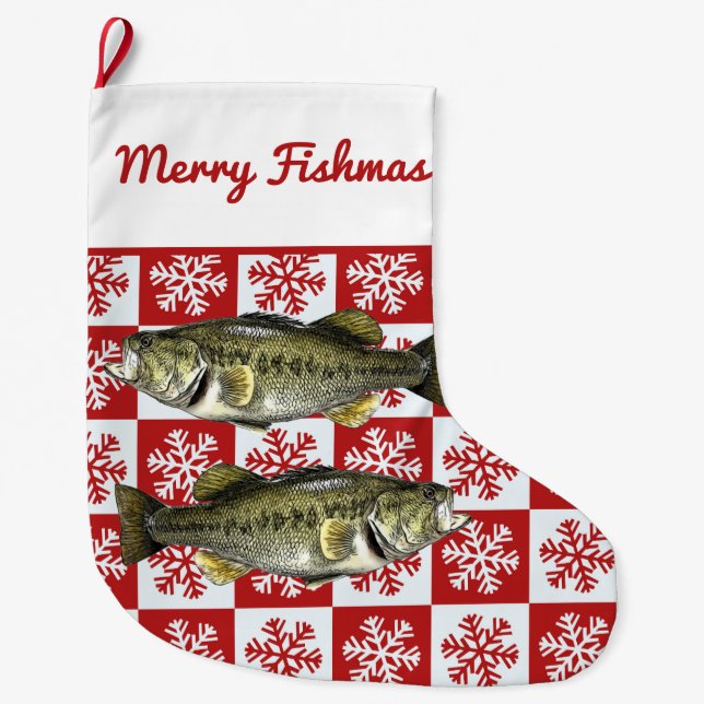 Merry Fishmas Largemouth Bass Fishing Snowflake  Large Christmas Stocking (Front)