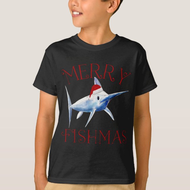 Merry Fishmas Marlin Santa Hat Christmas T-Shirt (Front)