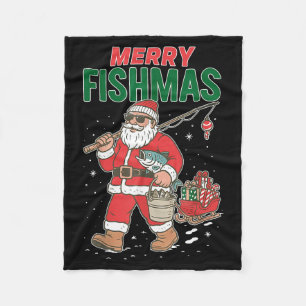 Merry Fishmas Santa Fishing Funny Christmas Fisher Fleece Blanket